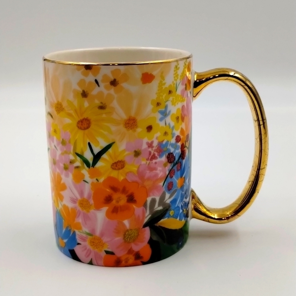 Anthropologie Rifle Paper Co.  Marguerite Coffee Mug Gold Handle Floral